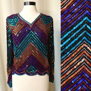 VTG 80s Sweelo 100% Silk Sequin Glitter Beaded Blouse Top Festival Wear